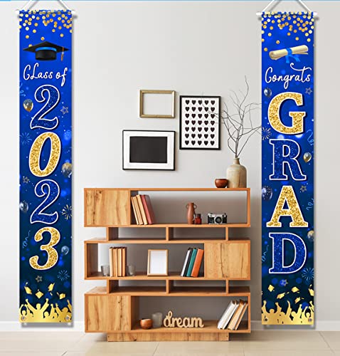 Graduation Banner 2023-Congrats Class of 2023 Porch Sign Banner Decoration,2 Piece Navy Blue Congrats Party Yard Banner Door Hanging Sign for Graduation Party Decorations(Blue)