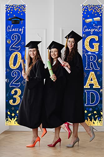 Graduation Banner 2023-Congrats Class of 2023 Porch Sign Banner Decoration,2 Piece Navy Blue Congrats Party Yard Banner Door Hanging Sign for Graduation Party Decorations(Blue)