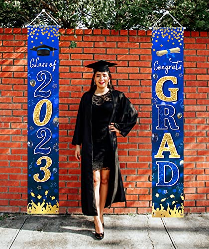 Graduation Banner 2023-Congrats Class of 2023 Porch Sign Banner Decoration,2 Piece Navy Blue Congrats Party Yard Banner Door Hanging Sign for Graduation Party Decorations(Blue)