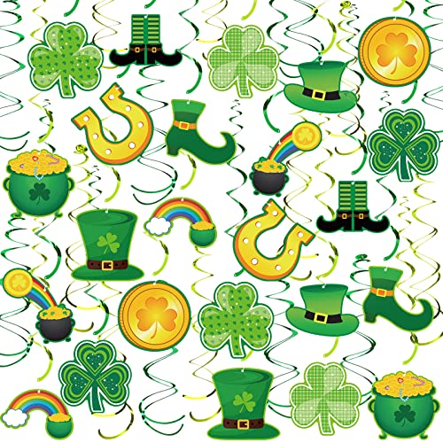 St Patricks Day Decorations Hanging Swirls Shamrock Clover Leprechaun Horseshoe Ceiling Foil Swirls for Lucky Day Party Supplies 36Pcs