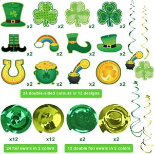 St Patricks Day Decorations Hanging Swirls Shamrock Clover Leprechaun Horseshoe Ceiling Foil Swirls for Lucky Day Party Supplies 36Pcs