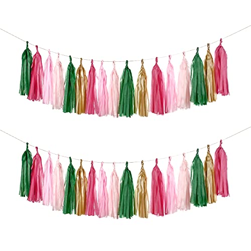GUZON 25 PCS Tropical Flamingo Banner Party Decorations,Pink Green Tissue Tassels for Birthday Baby Shower Decorations Bachelorette Hawaiian Summer Beach Party