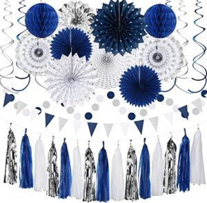 navy-blue white-silver graduation party-decorations – 33pcs kits banner, streamerstassel garland,tissue pom poms honeycomb, paper lantern fans,wedding birthday baby shower backdrop ceiling decor hugtmr