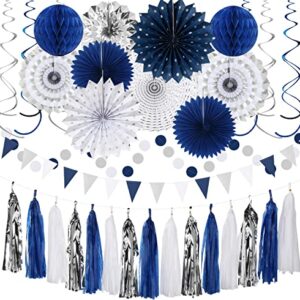 Navy-Blue White-Silver Graduation Party-Decorations - 33pcs Kits Banner, StreamersTassel Garland,Tissue Pom Poms Honeycomb, Paper Lantern Fans,Wedding Birthday Baby Shower Backdrop Ceiling Decor Hugtmr