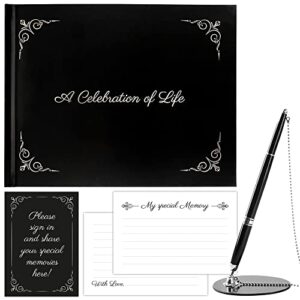 funeral guest book with custom black and real silver design, guest book for funeral with 150 memory cards and metal signature pen, funeral guest book for memorial service with a memory table sign
