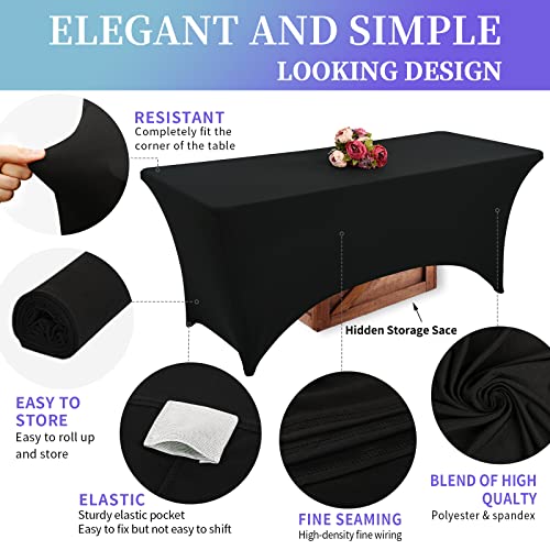 8 Pack Stretch Spandex Table Cover for 6ft Folding Tables Black Tablecloth Fitted Tablecloths for Rectangular Tables Polyester Washable Tablecloths Protector for Parties,Trade Shows,Banquet,Cocktail