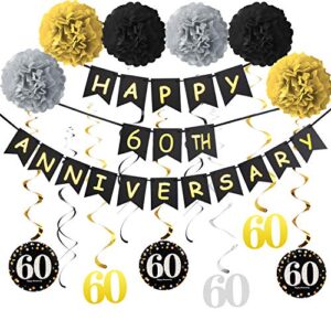60th anniversary decorations supplies kit – gold glitter happy 60th anniversary banner, 9pcs sparkling 60 hanging swirl, 6pcs poms – for 60th wedding anniversary party decorations