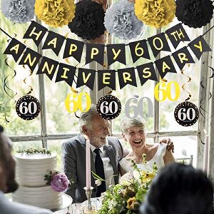 60th Anniversary Decorations Supplies Kit - Gold Glitter Happy 60th Anniversary Banner, 9Pcs Sparkling 60 Hanging Swirl, 6Pcs Poms - for 60th Wedding Anniversary Party Decorations