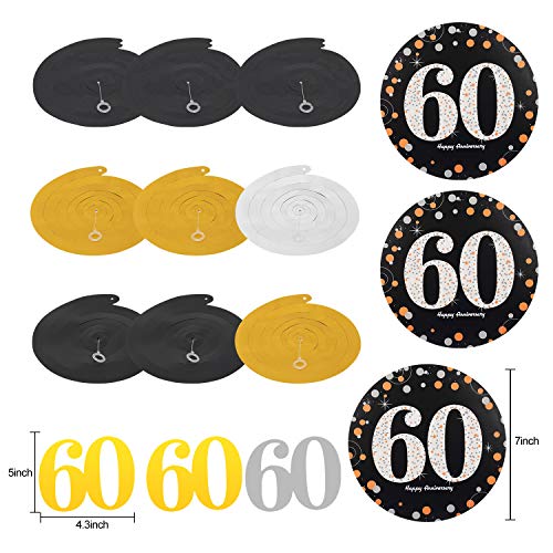 60th Anniversary Decorations Supplies Kit - Gold Glitter Happy 60th Anniversary Banner, 9Pcs Sparkling 60 Hanging Swirl, 6Pcs Poms - for 60th Wedding Anniversary Party Decorations