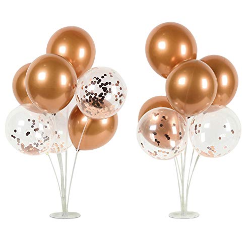 Balloons Stand Kit Table Decorations,2Set with 14Sticks,14 Cups,2 Base,12 Rose Gold Metallic Balloons 6 Rose Gold Confetti Balloons for Birthday,Baby ShowerWeddingAnniversary Table Party Decorations.