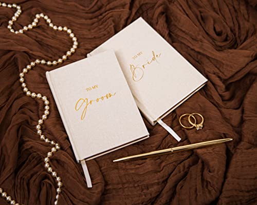 MUUJEE to My Groom and to My Bride Vow Books (Set of 2) - Ivory Canvas Linen Gold Foil Embossed Vows Book Journal for Wedding Ceremony Vow Renewal Valentines Day Gift for Husband Wife