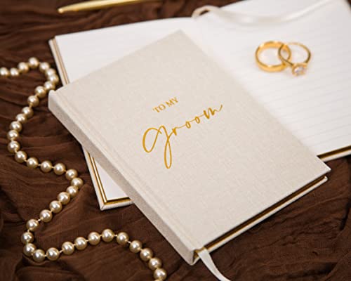 MUUJEE to My Groom and to My Bride Vow Books (Set of 2) - Ivory Canvas Linen Gold Foil Embossed Vows Book Journal for Wedding Ceremony Vow Renewal Valentines Day Gift for Husband Wife