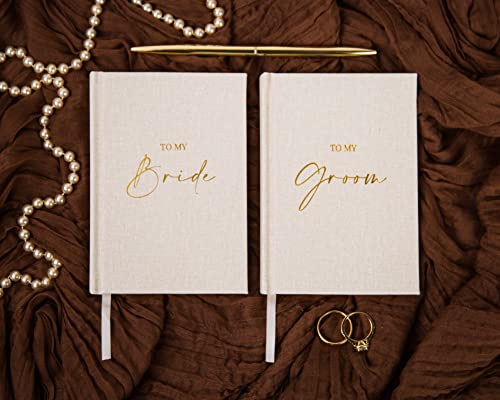 MUUJEE to My Groom and to My Bride Vow Books (Set of 2) - Ivory Canvas Linen Gold Foil Embossed Vows Book Journal for Wedding Ceremony Vow Renewal Valentines Day Gift for Husband Wife