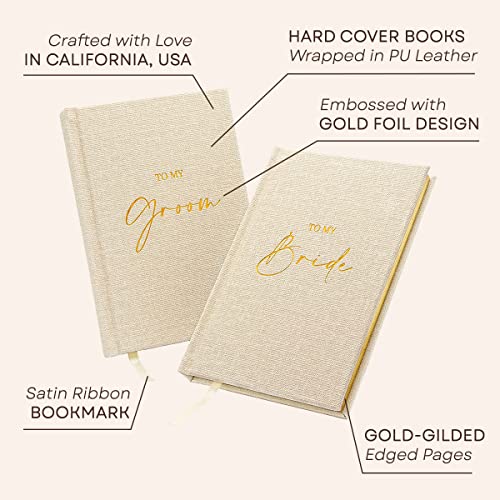 MUUJEE to My Groom and to My Bride Vow Books (Set of 2) - Ivory Canvas Linen Gold Foil Embossed Vows Book Journal for Wedding Ceremony Vow Renewal Valentines Day Gift for Husband Wife