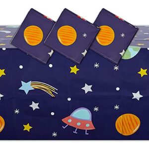 blue plastic tablecloth for outer space birthday party (54 x 108 in, 3 pack)
