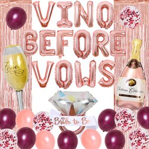 wine theme bachelorette party decorations with vino before vows balloon banner, bride to be sash, champagne bottle glass diamond ring foil balloon, tinsel foil fringe curtain for bridal shower party