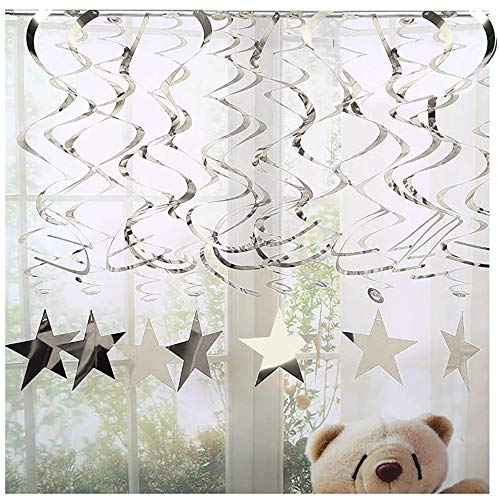 BEISHIDA Silver Star Hanging Swirl Decorations,Hanging Silver Party Supplies for Graduation Wedding Baby Shower Decorations, Pack of 30