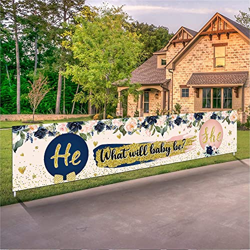 Gender Reveal Decoration, He or She Gender Reveal Banner Large He or She Baby Shower Yard Sign Photo Booth Props for Gender Reveal Supplies (9.8 * 2 ft)