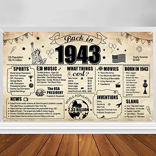 Large 80th Birthday Decorations Back in 1943 Banner for Men Women, 80th Birthday Background Sign Party Supplies, Eighty Years Old Birthday Photo Props for Indoor Outdoor