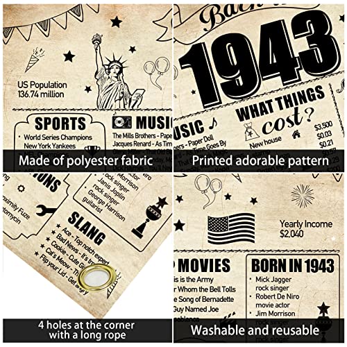 Large 80th Birthday Decorations Back in 1943 Banner for Men Women, 80th Birthday Background Sign Party Supplies, Eighty Years Old Birthday Photo Props for Indoor Outdoor