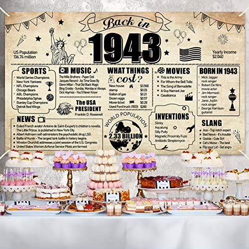 Large 80th Birthday Decorations Back in 1943 Banner for Men Women, 80th Birthday Background Sign Party Supplies, Eighty Years Old Birthday Photo Props for Indoor Outdoor