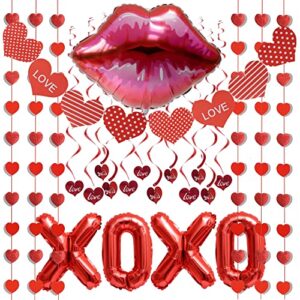 galentines day decorations – galentine’s valentine’s decoration set decor with 1 heart shape banner garland, & 12 love swirl, 6 heart streamers, 1 lips & 4 xoxo balloons – for classroom office supplies