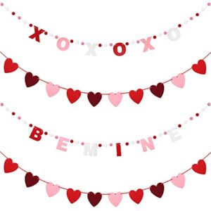 ADXCO 4 Pieces Valentine's Day Garland Banner Set XOXO Be Mine Felt Ball Pom Pom Garland Love Heart Shaped Banner Decorations Romantic Red Pink White Party Supplies for Valentine, Wedding, Engagement