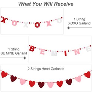 ADXCO 4 Pieces Valentine's Day Garland Banner Set XOXO Be Mine Felt Ball Pom Pom Garland Love Heart Shaped Banner Decorations Romantic Red Pink White Party Supplies for Valentine, Wedding, Engagement