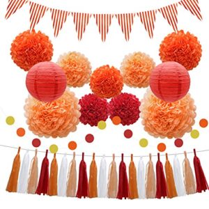 33pcs party decorations supplies set, paper lanterns tissue pom poms flowers tassels hanging garland banner triangle flag bunting for birthday, baby shower, wedding graduation events (orange, red)