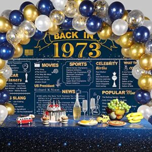 DARUNAXY 50th Birthday Blue Gold Party Decoration, Blue Back in 1973 Banner 50 Year Old Birthday Party Poster Supplies Vintage 1973 Backdrop 50th Class Reunion Photography Background for Men and Women