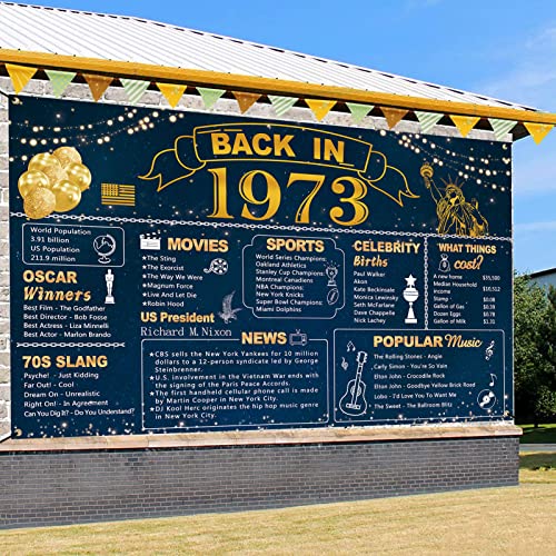 DARUNAXY 50th Birthday Blue Gold Party Decoration, Blue Back in 1973 Banner 50 Year Old Birthday Party Poster Supplies Vintage 1973 Backdrop 50th Class Reunion Photography Background for Men and Women