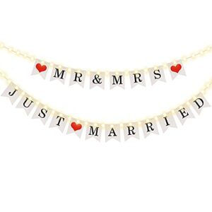 mr and mrs just married banner, wedding bunting banner with led fairy string light 8 flicker mode, hanging sign garland pennant photo booth props for bridal shower wedding engagement car party