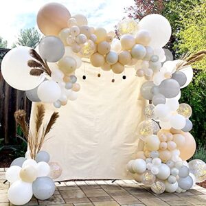 sweet baby co. neutral balloon garland kit arch with matte sand, gray, nude beige brown, white, gold balloons, boho bridal shower decorations, birthday party decoration, gender reveal backdrop