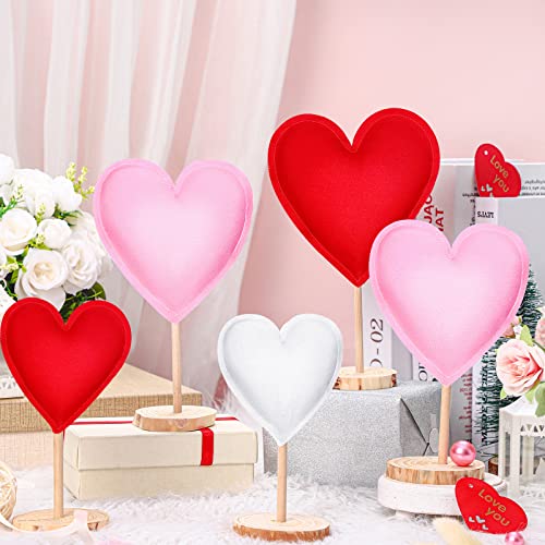 Bucherry 5 Pcs Fabric Heart Wooden Sign on Stand Heart Shape Wood Decor Valentine's Day Tiered Tray Decor Freestanding Heart Decor Valentine's Day Table Decor Tabletop Centerpiece for Home(Red, Pink)