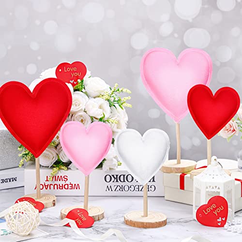 Bucherry 5 Pcs Fabric Heart Wooden Sign on Stand Heart Shape Wood Decor Valentine's Day Tiered Tray Decor Freestanding Heart Decor Valentine's Day Table Decor Tabletop Centerpiece for Home(Red, Pink)