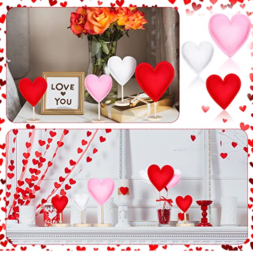 Bucherry 5 Pcs Fabric Heart Wooden Sign on Stand Heart Shape Wood Decor Valentine's Day Tiered Tray Decor Freestanding Heart Decor Valentine's Day Table Decor Tabletop Centerpiece for Home(Red, Pink)