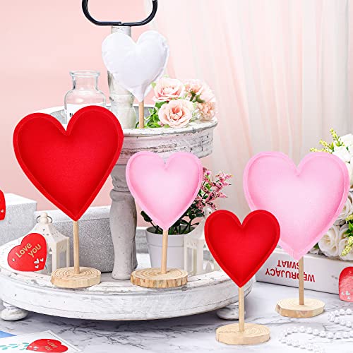 Bucherry 5 Pcs Fabric Heart Wooden Sign on Stand Heart Shape Wood Decor Valentine's Day Tiered Tray Decor Freestanding Heart Decor Valentine's Day Table Decor Tabletop Centerpiece for Home(Red, Pink)