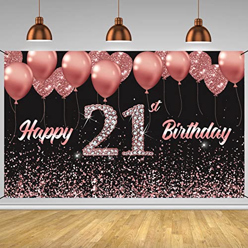 Vlipoeasn 21st Birthday Decorations for Her Rose Gold 21st Birthday Backdrop Banner Happy 21st Birthday Party Supplies 21 Years Old Birthday Decoration ( 72.8 x 43.3 Inch ) (21st backdrop)