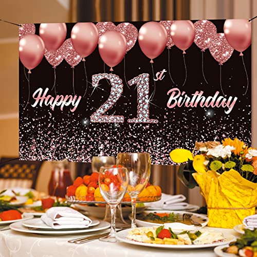 Vlipoeasn 21st Birthday Decorations for Her Rose Gold 21st Birthday Backdrop Banner Happy 21st Birthday Party Supplies 21 Years Old Birthday Decoration ( 72.8 x 43.3 Inch ) (21st backdrop)