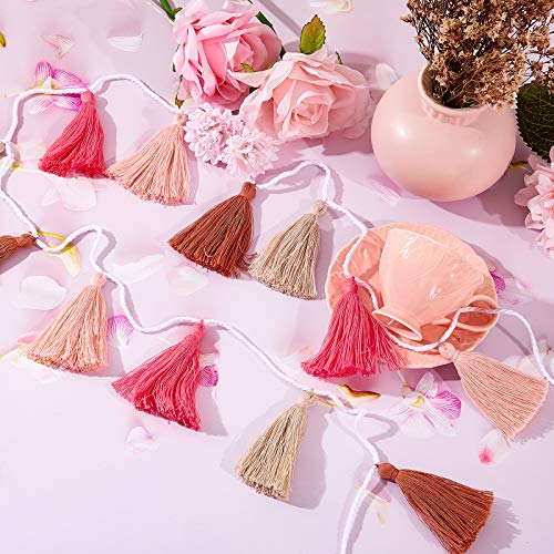 4 Pieces Tassel Garland Colorful Boho Tassel Garland Decorative Felt Banners Wall Hanging for Festival Pre Assembled (Rose Red, Pink, Brown, Khaki, 3.1 Inch)