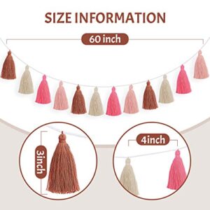 4 Pieces Tassel Garland Colorful Boho Tassel Garland Decorative Felt Banners Wall Hanging for Festival Pre Assembled (Rose Red, Pink, Brown, Khaki, 3.1 Inch)