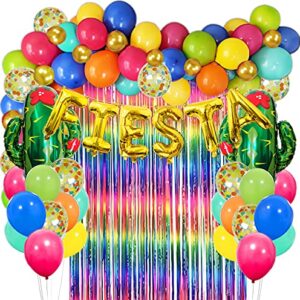 Fiesta Party Decorations Fiesta Balloon Garland Rainbow Fringe Backdrop Cactus Foil Balloon Latex Confetti Balloons with Tape Set for Mexican Luau Theme Party Decor