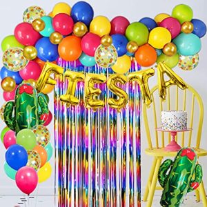 Fiesta Party Decorations Fiesta Balloon Garland Rainbow Fringe Backdrop Cactus Foil Balloon Latex Confetti Balloons with Tape Set for Mexican Luau Theme Party Decor