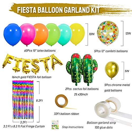 Fiesta Party Decorations Fiesta Balloon Garland Rainbow Fringe Backdrop Cactus Foil Balloon Latex Confetti Balloons with Tape Set for Mexican Luau Theme Party Decor