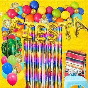 Fiesta Party Decorations Fiesta Balloon Garland Rainbow Fringe Backdrop Cactus Foil Balloon Latex Confetti Balloons with Tape Set for Mexican Luau Theme Party Decor