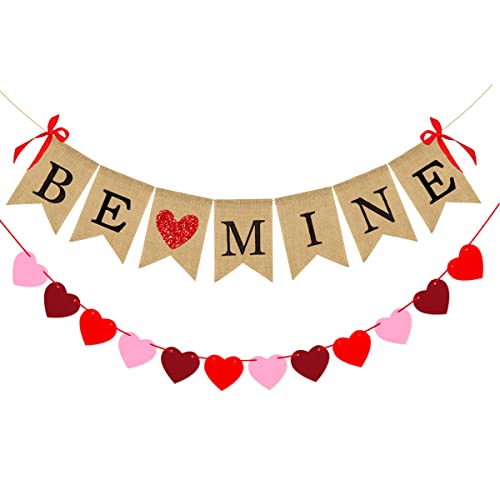 Valentines Day Decorations, Burlap Be Mine Banner Valentine's Day Banner with Heart Signs for Home Wedding Engagement Decorations