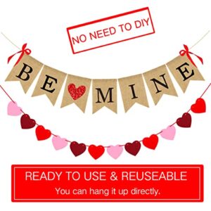 Valentines Day Decorations, Burlap Be Mine Banner Valentine's Day Banner with Heart Signs for Home Wedding Engagement Decorations