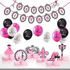 Paris Party Decorations Set, Pink Paris Happy Birthday Banner I Love Paris Honeycombs Centerpieces Eiffel Tower Balloons Decor for Paris Birthday Party Girl Party Baby Shower Supplies