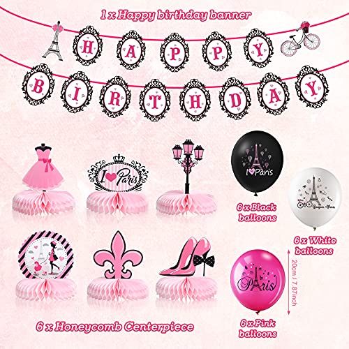 Paris Party Decorations Set, Pink Paris Happy Birthday Banner I Love Paris Honeycombs Centerpieces Eiffel Tower Balloons Decor for Paris Birthday Party Girl Party Baby Shower Supplies