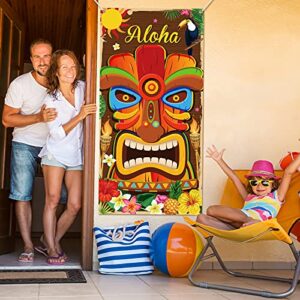 Aloha Door Cover Tiki Wall Hanging Decor for Summer Aloha Luau Party Front Door Banner Porch Sign for Indoor Outdoor Decorations Hawaiian Luau Party Supplies Photo Backdrop, 35.4 x 70.9 Inch